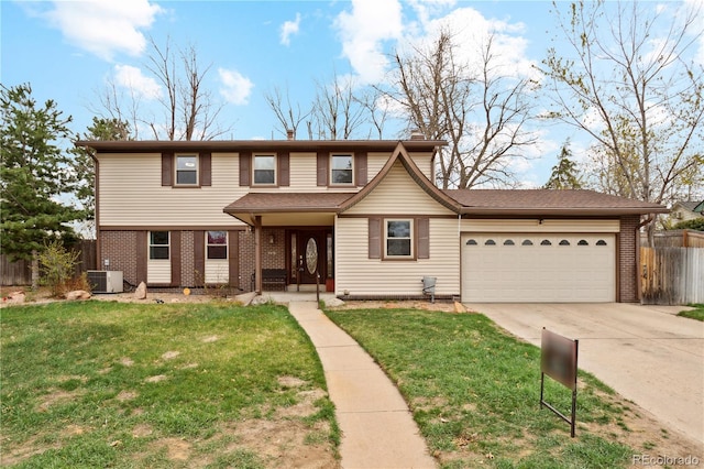 traditional-style house featuring central air condition unit, concrete driveway, an attached garage, and brick siding