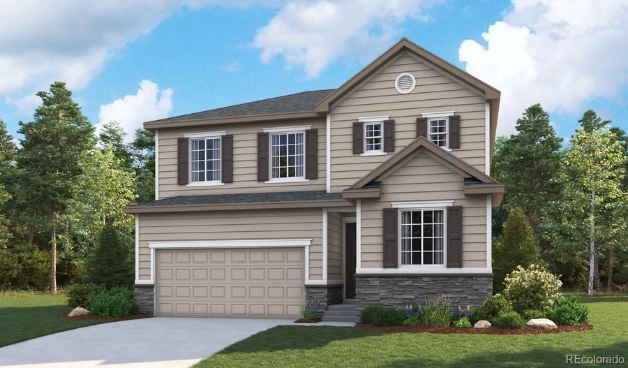 view of front of house with stone siding, an attached garage, driveway, a front lawn, and roof with shingles