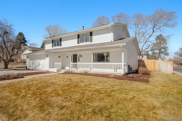 traditional-style home featuring a porch, a front lawn, and fence