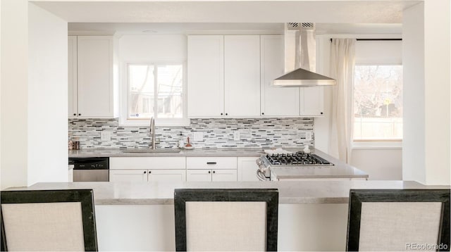 kitchen featuring stainless steel appliances, backsplash, white cabinetry, a sink, and wall chimney exhaust hood