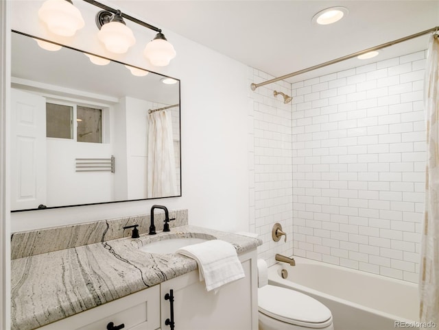 full bath featuring toilet, recessed lighting, vanity, and shower / bathtub combination with curtain