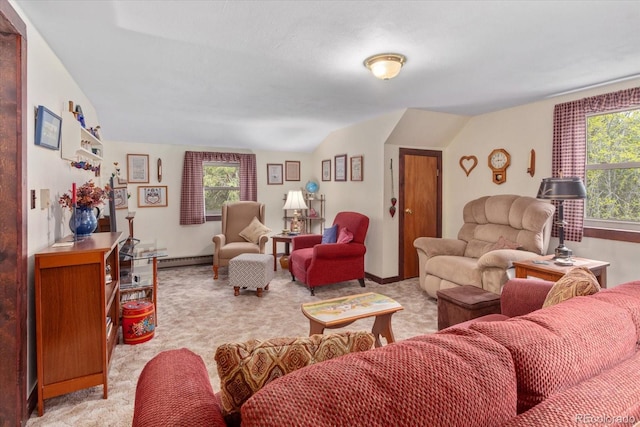 1638 County Road 46, Howard, CO 81233 - living area with light carpet, a baseboard radiator, and vaulted ceiling