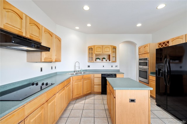 114 Round Hill Rd, Fairplay, CO 80440 - kitchen with black appliances, under cabinet range hood, light brown cabinets, recessed lighting, and glass insert cabinets
