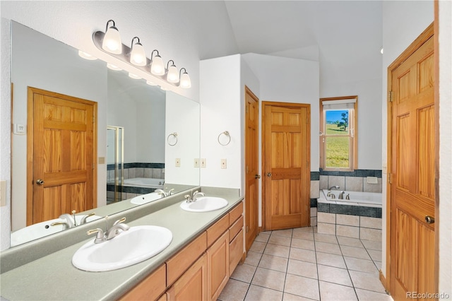 114 Round Hill Rd, Fairplay, CO 80440 - full bath featuring a bath, double vanity, tile patterned floors, and a stall shower