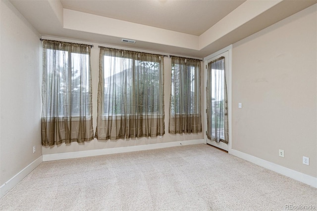 unfurnished room with a tray ceiling and carpet flooring