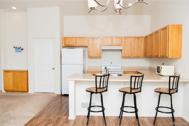 1766 Country Sun Dr, Windsor, CO 80550 - kitchen with white appliances, a peninsula, under cabinet range hood, light countertops, and a high ceiling