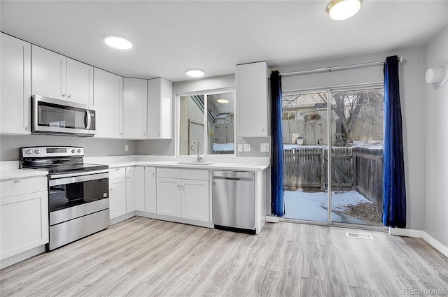 kitchen featuring sink, white cabinetry, stainless steel appliances, and light wood-type flooring