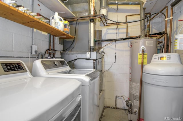 laundry area with water heater and washer and clothes dryer