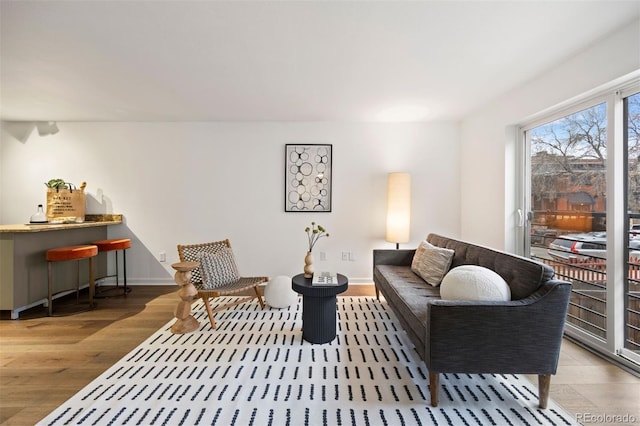 living room with baseboards and wood finished floors