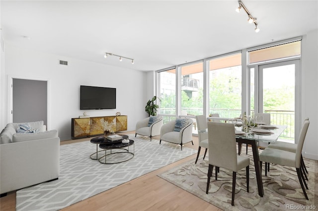living area with track lighting and wood finished floors