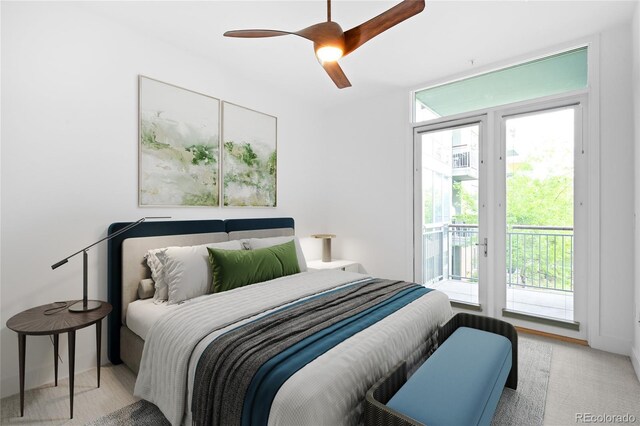 bedroom with access to exterior and ceiling fan