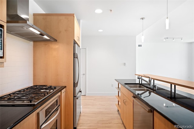 kitchen featuring wall chimney exhaust hood, stainless steel appliances, dark countertops, a sink, and light wood-style flooring
