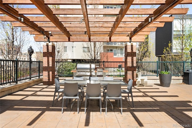 view of patio featuring grilling area, outdoor dining space, a pergola, fence, and area for grilling