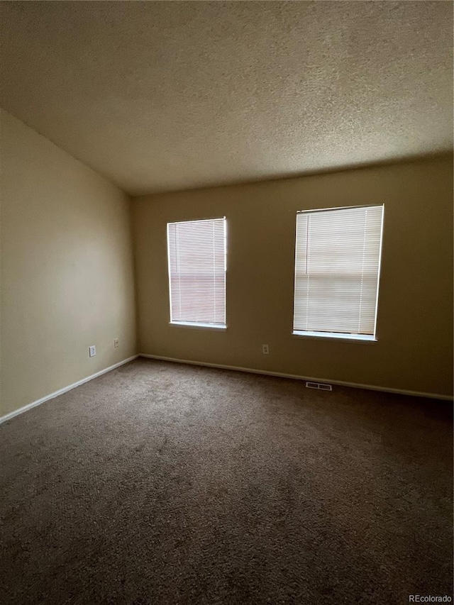 empty room with carpet flooring and a textured ceiling