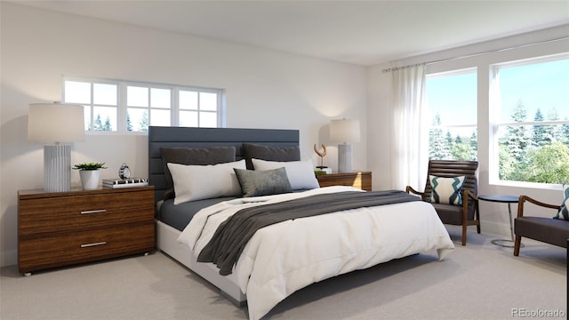 bedroom with light colored carpet