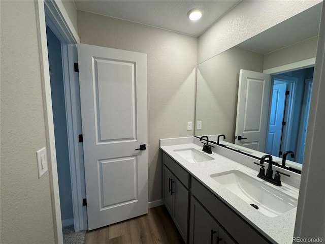 bathroom featuring a sink, baseboards, wood finished floors, and double vanity