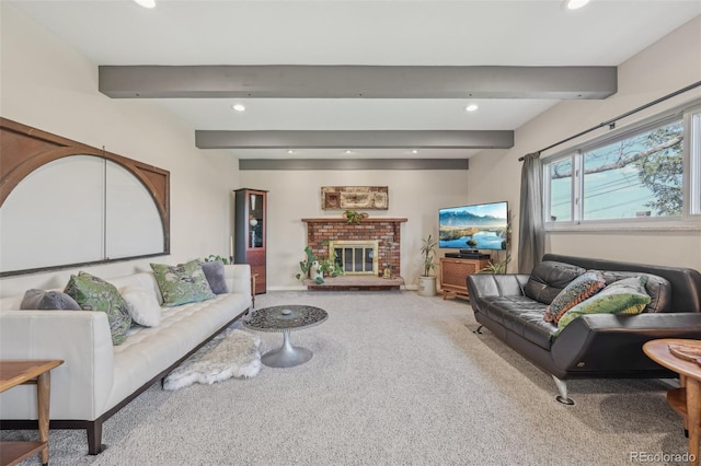living room featuring baseboards, a brick fireplace, beam ceiling, recessed lighting, and carpet flooring