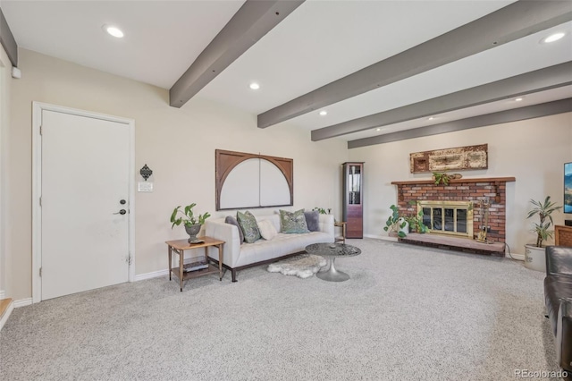 carpeted living room featuring a fireplace, baseboards, beam ceiling, and recessed lighting