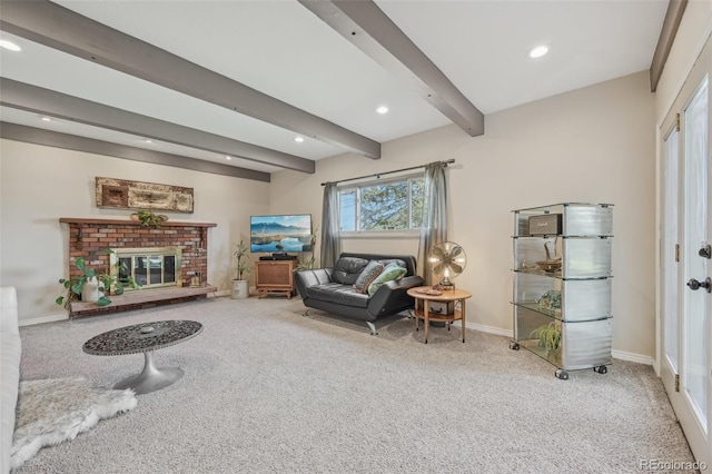 living area with baseboards, a brick fireplace, beam ceiling, carpet floors, and recessed lighting