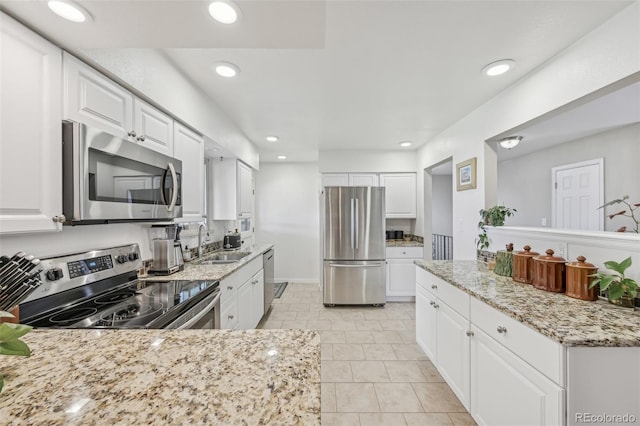 kitchen featuring a sink, recessed lighting, white cabinetry, and stainless steel appliances