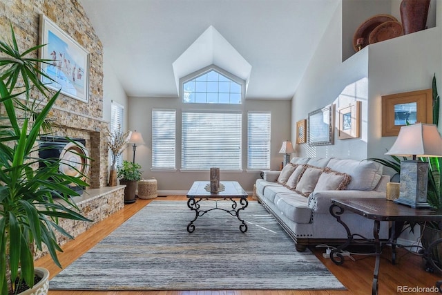 living room with wood-type flooring, a fireplace, and high vaulted ceiling