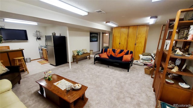 living room with light colored carpet