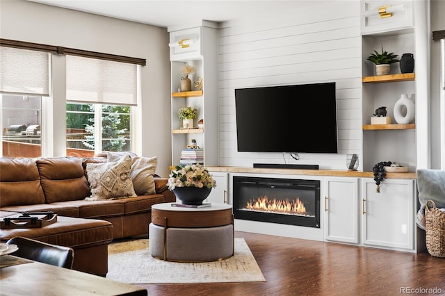 14110 Pastel Ln, Parker, CO 80134 - living area featuring wood finished floors, a glass covered fireplace, and built in features