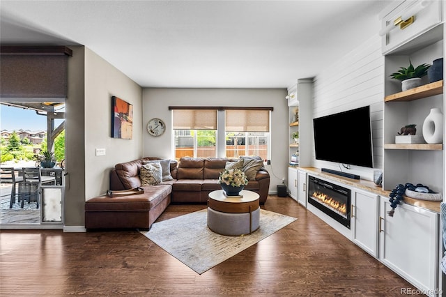 14110 Pastel Ln, Parker, CO 80134 - living area with a glass covered fireplace, dark wood-style flooring, and built in shelves