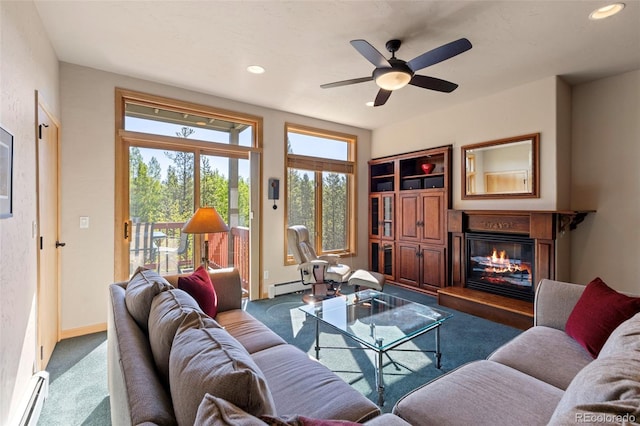 1508 Berino Ct Unit C, Frisco, CO 80443 - living area with baseboard heating, carpet floors, a baseboard heating unit, a glass covered fireplace, and recessed lighting