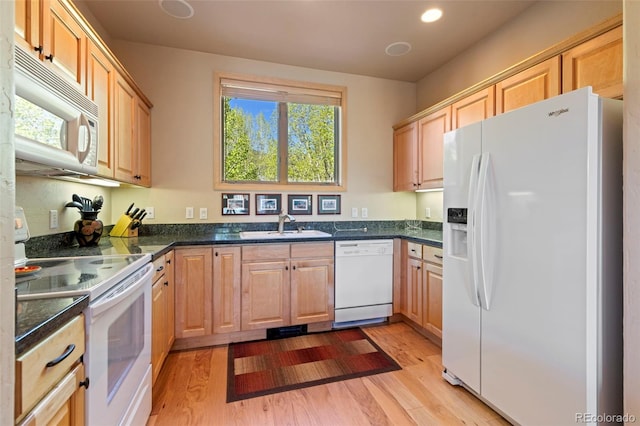 1508 Berino Ct Unit C, Frisco, CO 80443 - kitchen featuring white appliances, light wood-style floors, light brown cabinets, and recessed lighting