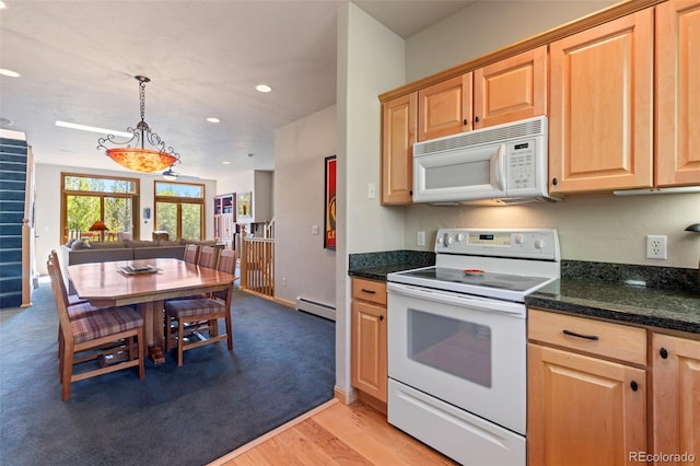 1508 Berino Ct Unit C, Frisco, CO 80443 - kitchen with white appliances, baseboard heating, recessed lighting, open floor plan, and light brown cabinetry
