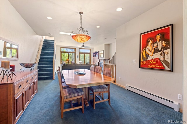1508 Berino Ct Unit C, Frisco, CO 80443 - dining space with a baseboard radiator, stairs, dark colored carpet, and recessed lighting
