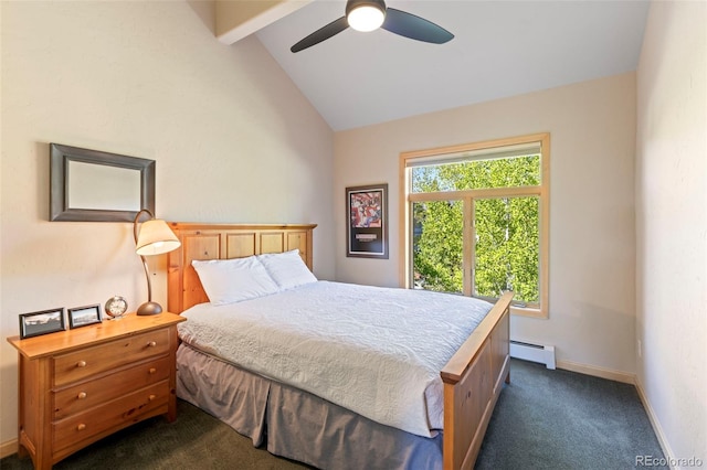 1508 Berino Ct Unit C, Frisco, CO 80443 - bedroom featuring a baseboard heating unit, dark carpet, and a ceiling fan