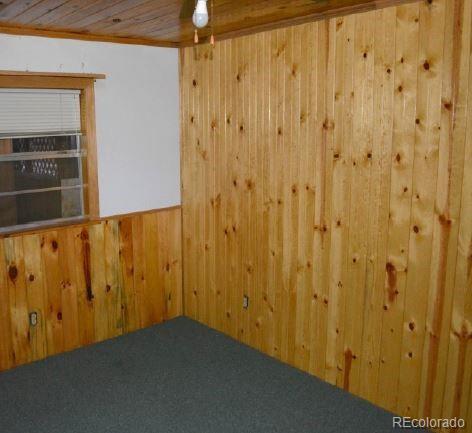 empty room featuring carpet flooring, wood walls, wooden ceiling, and crown molding