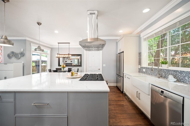 2746 Geneva St, Denver, CO 80238 - kitchen featuring appliances with stainless steel finishes, island exhaust hood, gray cabinets, ornamental molding, and dark wood-type flooring