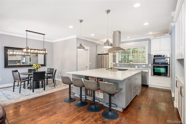 2746 Geneva St, Denver, CO 80238 - kitchen featuring island range hood, stainless steel appliances, light countertops, ornamental molding, and dark wood-style flooring