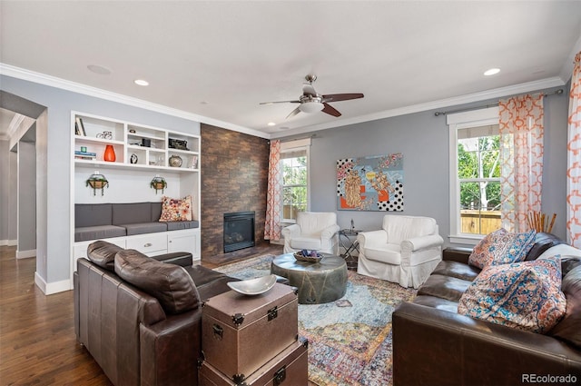 2746 Geneva St, Denver, CO 80238 - living room with dark wood finished floors, a ceiling fan, ornamental molding, recessed lighting, and built in features