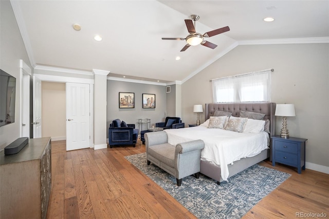 2746 Geneva St, Denver, CO 80238 - bedroom featuring recessed lighting, wood finished floors, vaulted ceiling, crown molding, and a ceiling fan