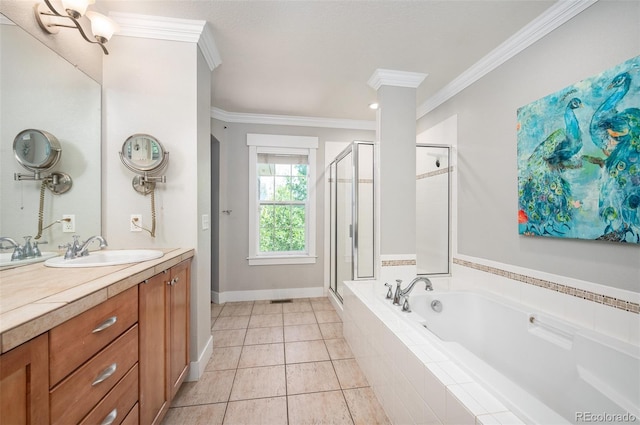 2746 Geneva St, Denver, CO 80238 - bathroom featuring a shower stall, a bath, vanity, ornamental molding, and tile patterned floors