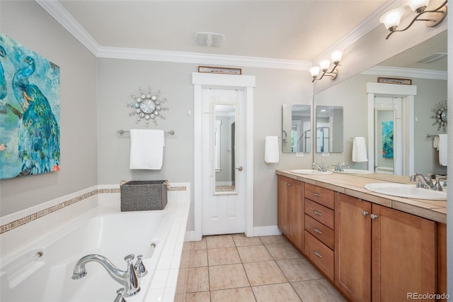 2746 Geneva St, Denver, CO 80238 - full bathroom featuring double vanity, ornamental molding, a garden tub, and tile patterned floors