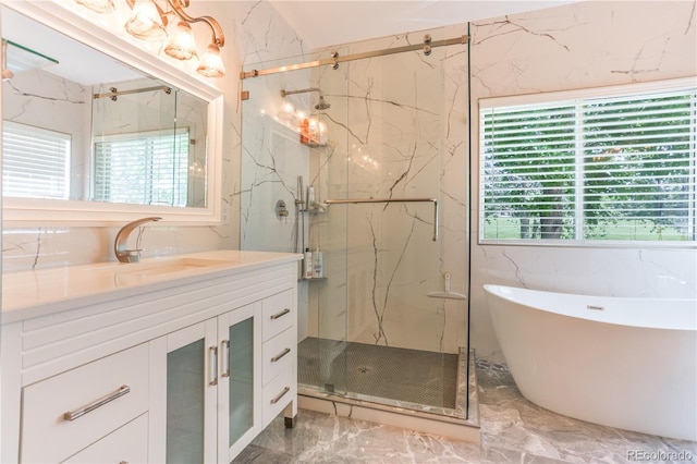 19249 E Progress Ave, Centennial, CO 80015 - bathroom with marble tiled floors, a marble finish shower, a freestanding tub, and healthy amount of natural light