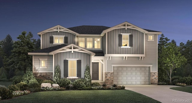 craftsman house featuring stone siding, board and batten siding, and concrete driveway