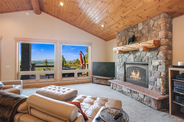 carpeted living room with wood ceiling, beam ceiling, high vaulted ceiling, and a fireplace