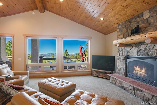 living room with high vaulted ceiling, beam ceiling, a fireplace, and carpet floors