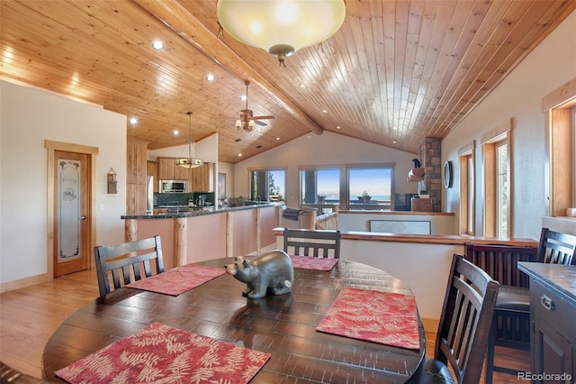 dining space with hardwood / wood-style flooring, lofted ceiling with beams, ceiling fan, and wood ceiling