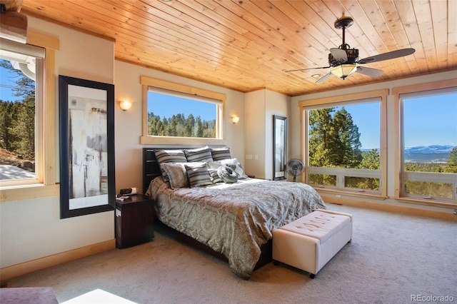 carpeted bedroom featuring wooden ceiling and ceiling fan