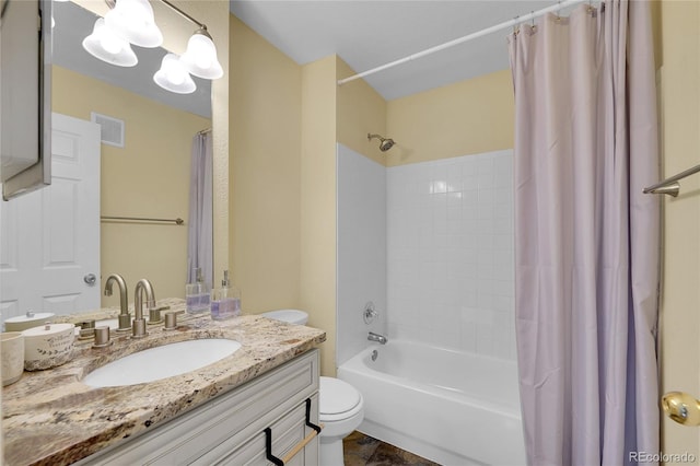 full bathroom featuring shower / bathtub combination with curtain, vanity, and toilet