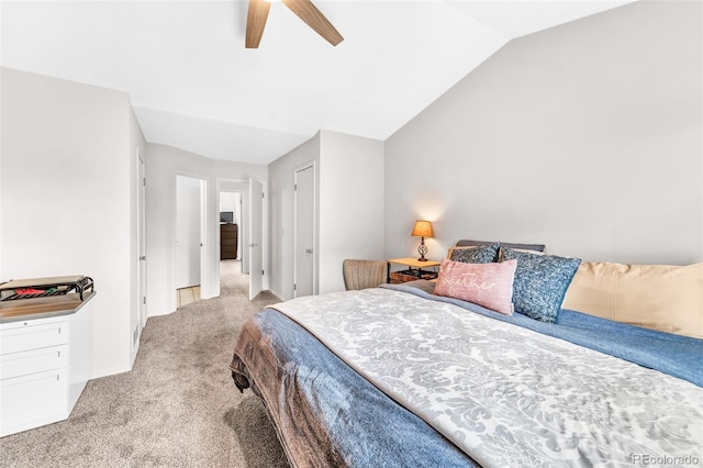 bedroom featuring carpet floors, ceiling fan, and vaulted ceiling