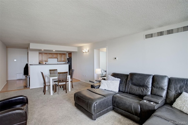 living room featuring light colored carpet and a textured ceiling