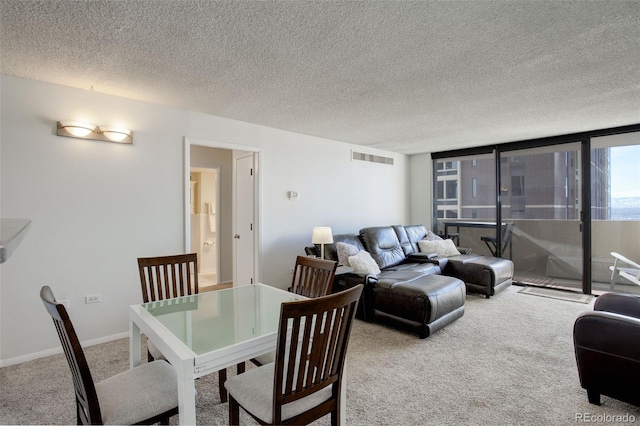 living room featuring carpet and a textured ceiling